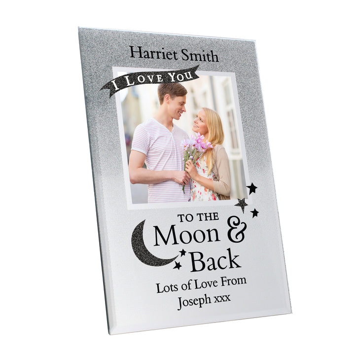 Buy Personalised To the Moon and Back 4x4 Glitter Glass Photo Frame at www.giftsfinder.co.uk