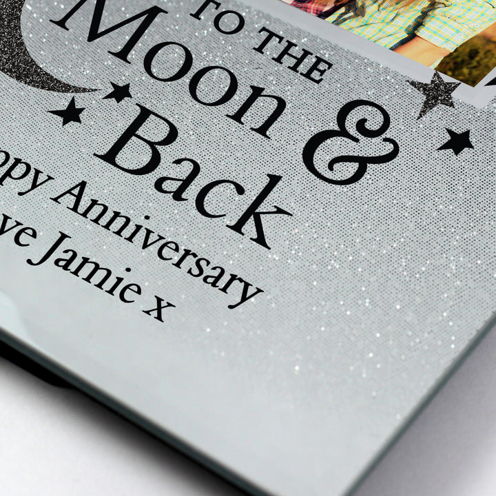 Buy Personalised To the Moon and Back 4x4 Glitter Glass Photo Frame at www.giftsfinder.co.uk