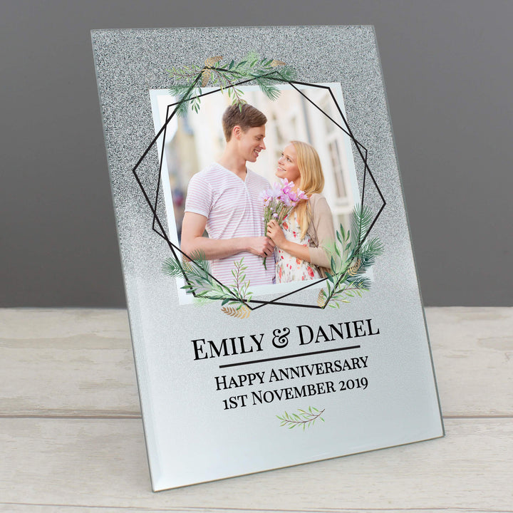 Buy Personalised Geo Leaves 4x4 Glitter Glass Photo Frame at www.giftsfinder.co.uk