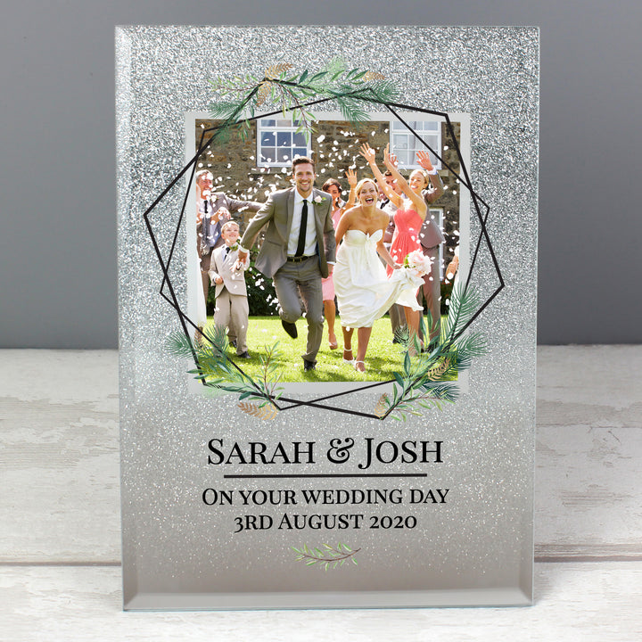 Buy Personalised Geo Leaves 4x4 Glitter Glass Photo Frame at www.giftsfinder.co.uk