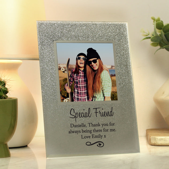 Buy Personalised Heart & Swirl 4x4 Glitter Glass Photo Frame at www.giftsfinder.co.uk