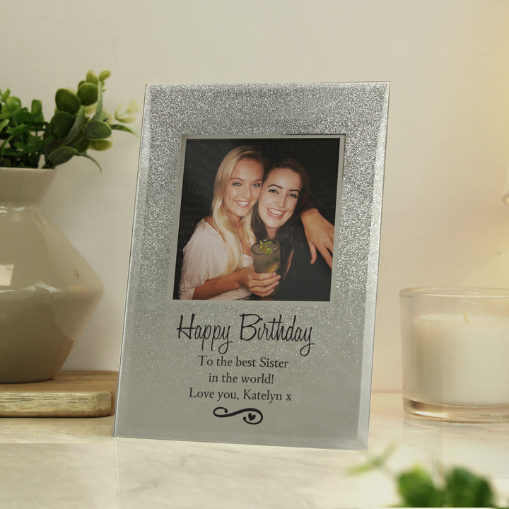 Buy Personalised Heart & Swirl 4x4 Glitter Glass Photo Frame at www.giftsfinder.co.uk