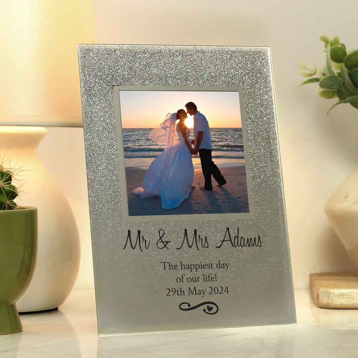 Buy Personalised Heart & Swirl 4x4 Glitter Glass Photo Frame at www.giftsfinder.co.uk