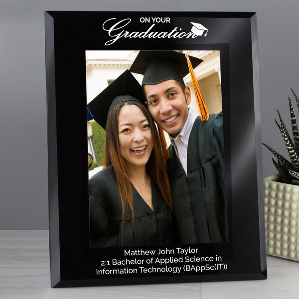 Buy Personalised Graduation Black Glass 5x7 Photo Frame at www.giftsfinder.co.uk