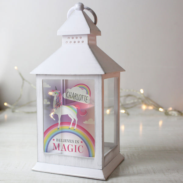 Buy Personalised Unicorn Frost White Lantern at www.giftsfinder.co.uk