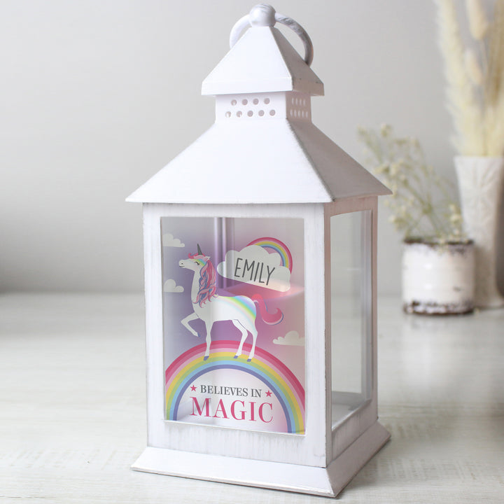 Buy Personalised Unicorn Frost White Lantern at www.giftsfinder.co.uk