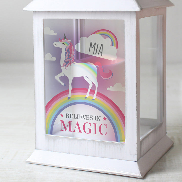 Buy Personalised Unicorn Frost White Lantern at www.giftsfinder.co.uk