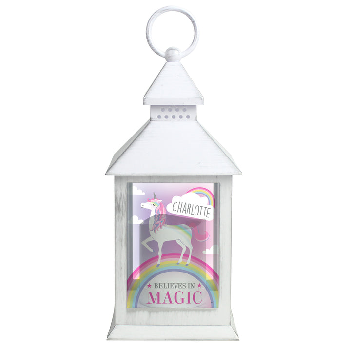 Buy Personalised Unicorn Frost White Lantern at www.giftsfinder.co.uk