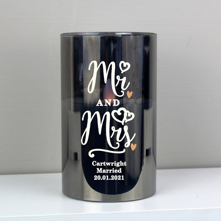 Buy Personalised Mr & Mrs Smoked Glass LED Candle at www.giftsfinder.co.uk