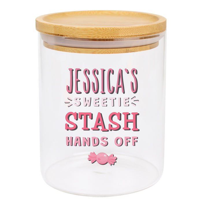 Buy Personalised Sweetie Stash Glass Jar with Bamboo Lid at www.giftsfinder.co.uk