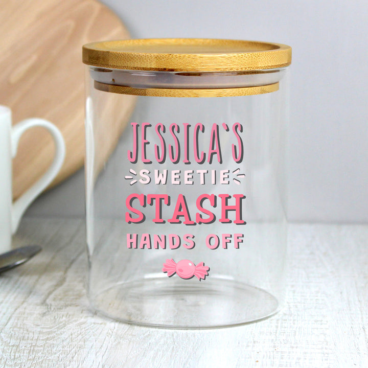 Buy Personalised Sweetie Stash Glass Jar with Bamboo Lid at www.giftsfinder.co.uk