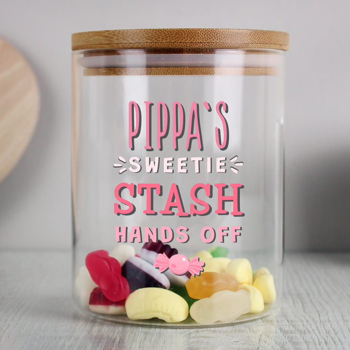 Buy Personalised Sweetie Stash Glass Jar with Bamboo Lid at www.giftsfinder.co.uk