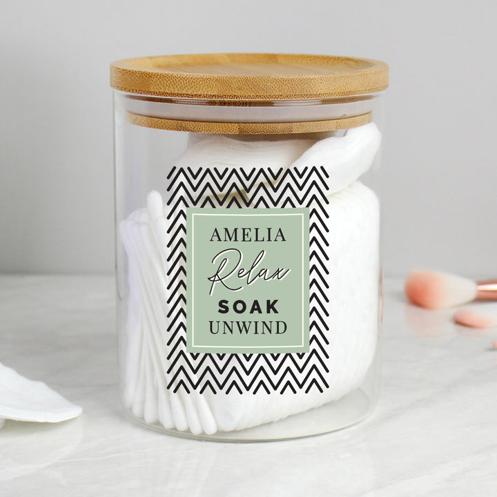 Buy Personalised Relax Soak Unwind Glass Jar With Bamboo Lid at www.giftsfinder.co.uk