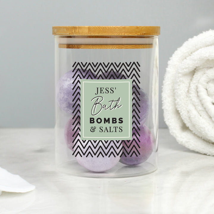 Buy Personalised Relax Soak Unwind Glass Jar With Bamboo Lid at www.giftsfinder.co.uk