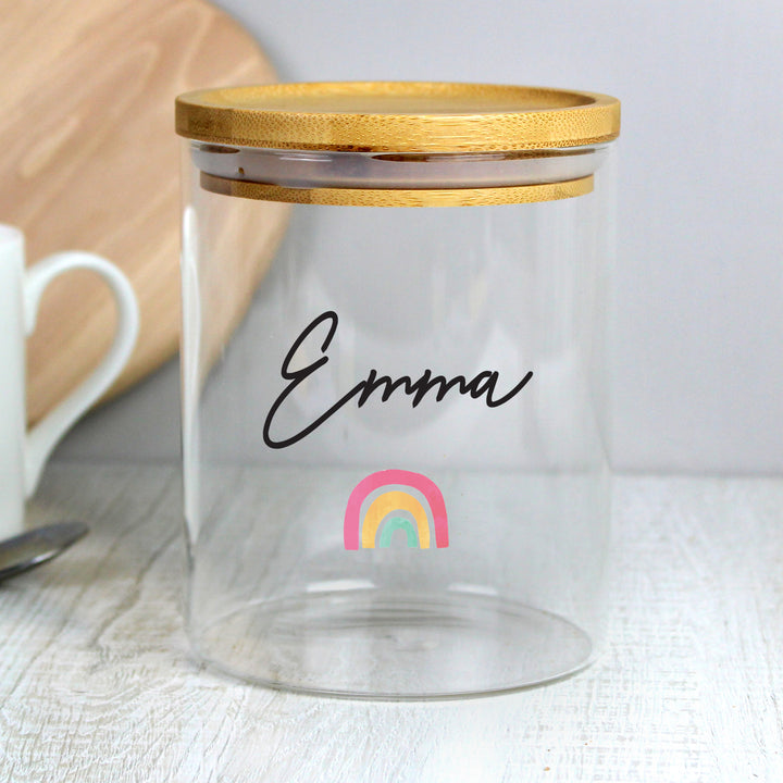 Buy Personalised Rainbow Glass Jar with Bamboo Lid at www.giftsfinder.co.uk