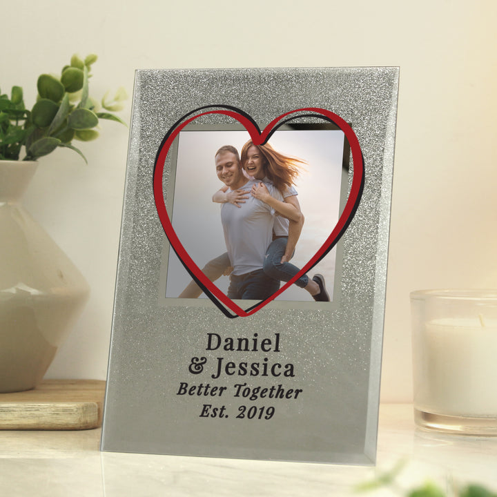 Buy Personalised Heart 4x4 Glitter Glass Photo Frame at www.giftsfinder.co.uk