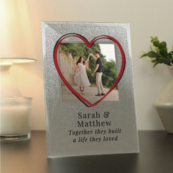 Buy Personalised Heart 4x4 Glitter Glass Photo Frame at www.giftsfinder.co.uk