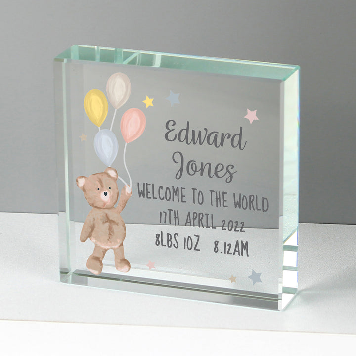 Buy Personalised Teddy & Balloons Large Crystal Token at www.giftsfinder.co.uk