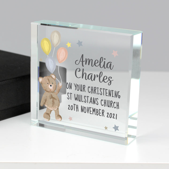 Personalised Teddy & Balloons Crystal Token in gift category Keepsakes