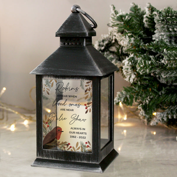 Personalised Robins Appear.. Memorial Black Lantern in gift category Personalised Memorials