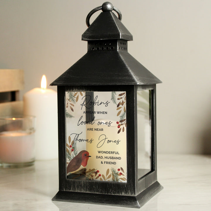 Personalised Robins Appear.. Memorial Black Lantern in gift category Personalised Memorials