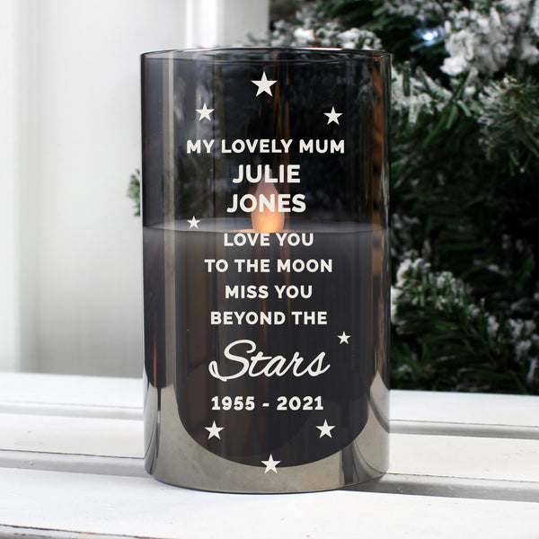 Buy Personalised Miss You Beyond The Stars Smoked Glass LED Candle available now at www.giftsfinder.co.uk