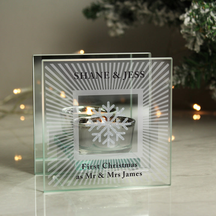 Personalised Snowflake Silver Glitter Tea Light Holder in gift category Personalised Tea Light Holders