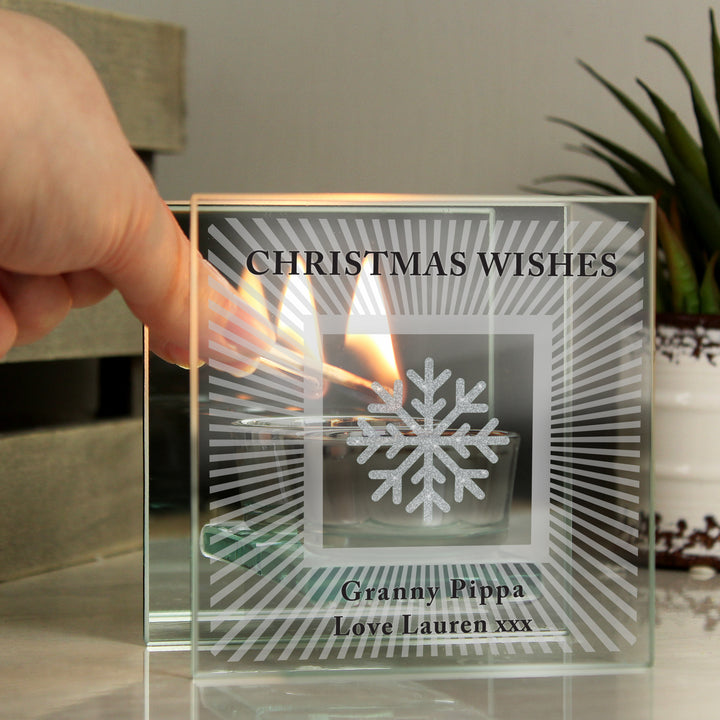 Personalised Snowflake Silver Glitter Tea Light Holder in gift category Personalised Tea Light Holders