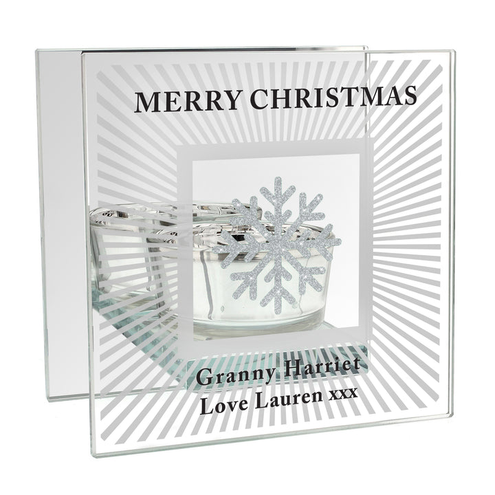 Personalised Snowflake Silver Glitter Tea Light Holder in gift category Personalised Tea Light Holders