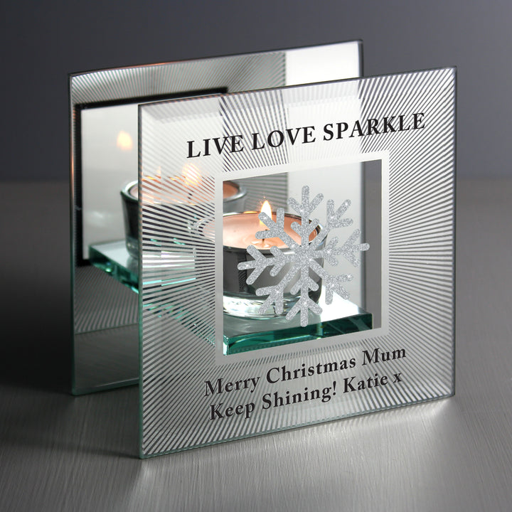 Personalised Snowflake Silver Glitter Tea Light Holder in gift category Personalised Tea Light Holders