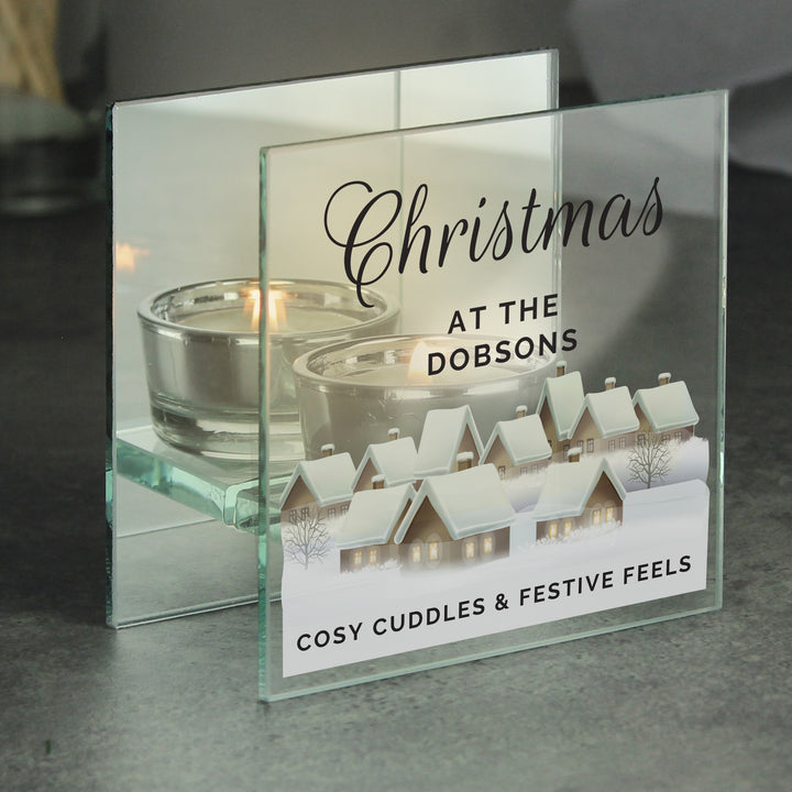 Buy Personalised Christmas Village Mirrored Glass Tea Light Candle Holder available now at www.giftsfinder.co.uk