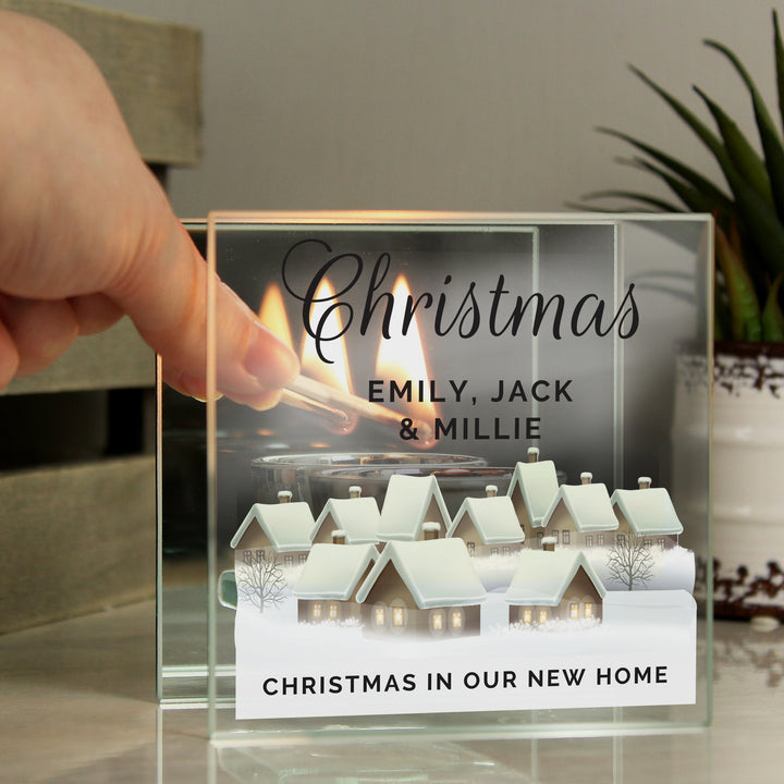 Buy Personalised Christmas Village Mirrored Glass Tea Light Candle Holder available now at www.giftsfinder.co.uk