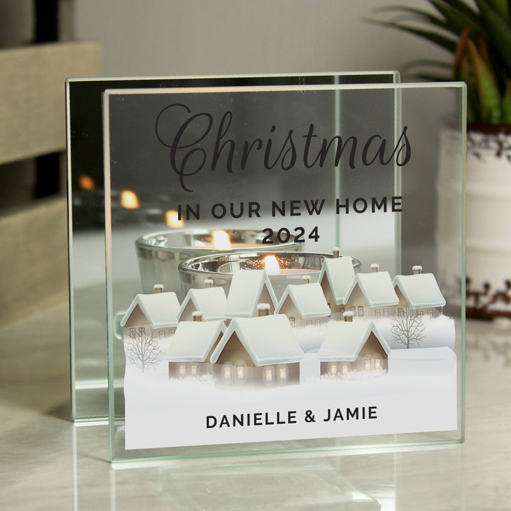 Buy Personalised Christmas Village Mirrored Glass Tea Light Candle Holder available now at www.giftsfinder.co.uk