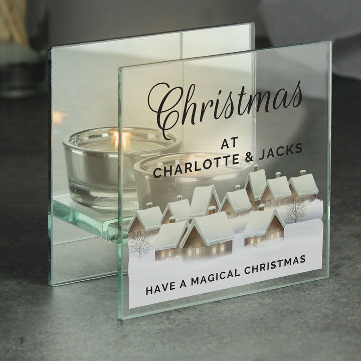 Buy Personalised Christmas Village Mirrored Glass Tea Light Candle Holder available now at www.giftsfinder.co.uk