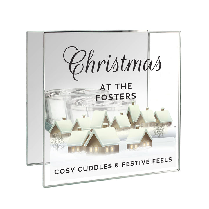 Buy Personalised Christmas Village Mirrored Glass Tea Light Candle Holder available now at www.giftsfinder.co.uk