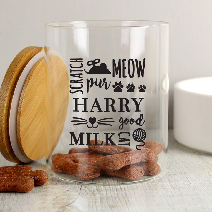 Buy Personalised Glass Cat Treat Jar with Bamboo Lid available now at www.giftsfinder.co.uk