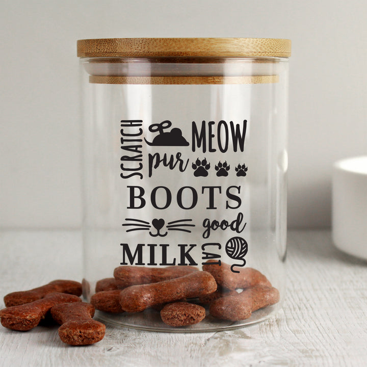 Buy Personalised Glass Cat Treat Jar with Bamboo Lid available now at www.giftsfinder.co.uk