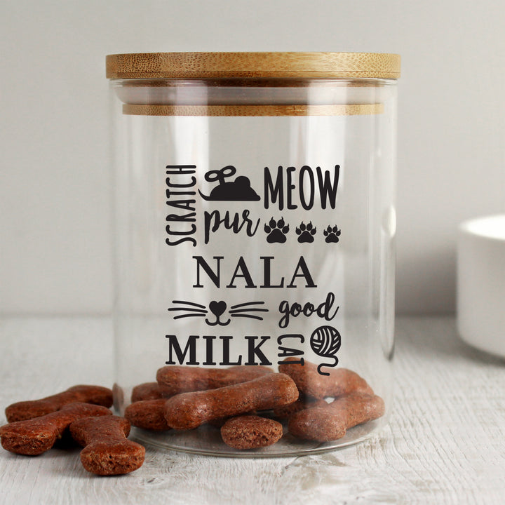 Buy Personalised Glass Cat Treat Jar with Bamboo Lid available now at www.giftsfinder.co.uk