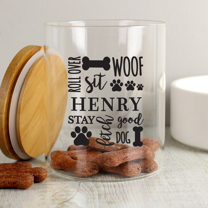 Buy Personalised Glass Dog Treat Jar with Bamboo Lid available now at www.giftsfinder.co.uk