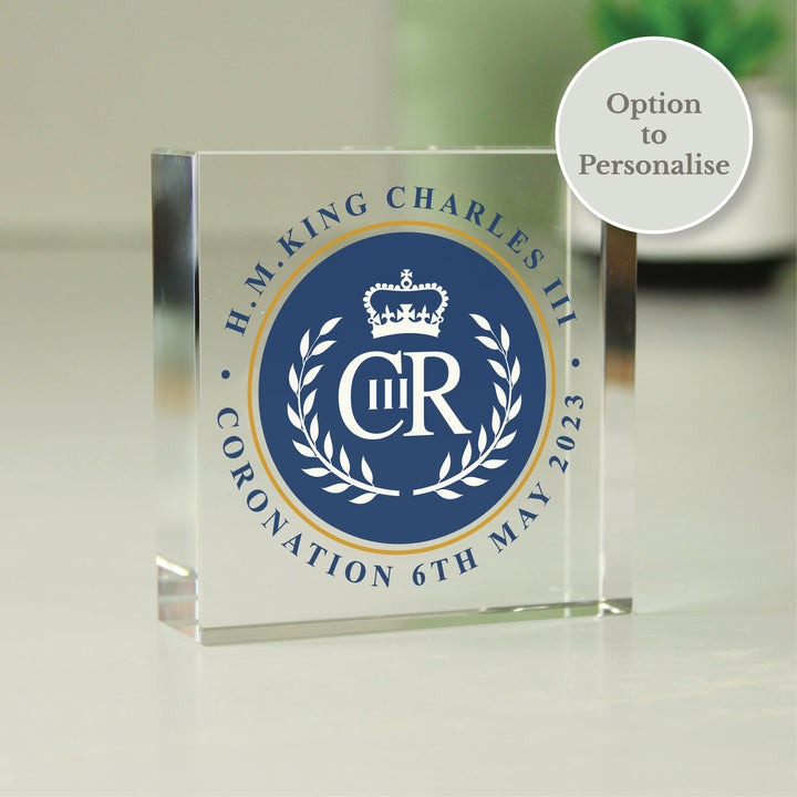 Buy Personalised King Charles III Blue Crest Coronation Commemorative Crystal Token available now at www.giftsfinder.co.uk