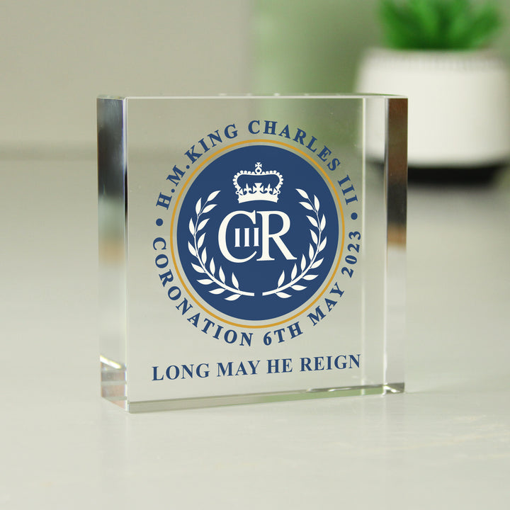 Buy Personalised King Charles III Blue Crest Coronation Commemorative Crystal Token available now at www.giftsfinder.co.uk