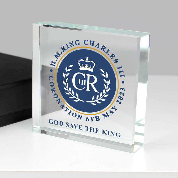 Buy Personalised King Charles III Blue Crest Coronation Commemorative Crystal Token available now at www.giftsfinder.co.uk