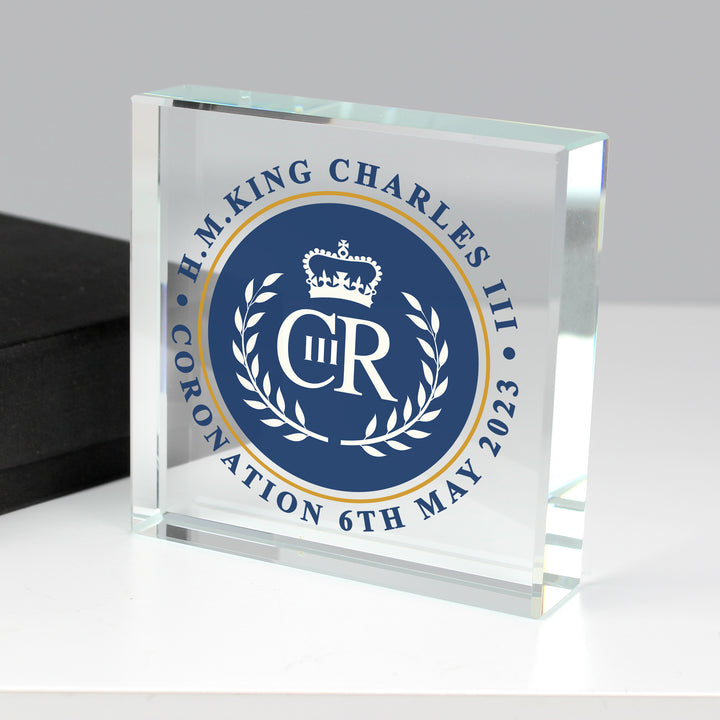 Buy Personalised King Charles III Blue Crest Coronation Commemorative Crystal Token available now at www.giftsfinder.co.uk