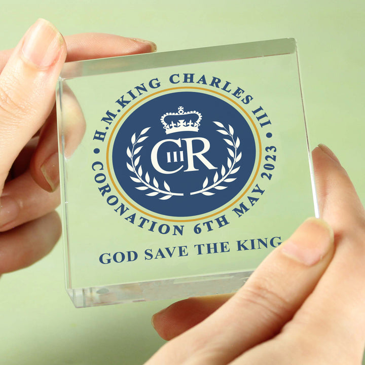 Buy Personalised King Charles III Blue Crest Coronation Commemorative Crystal Token available now at www.giftsfinder.co.uk