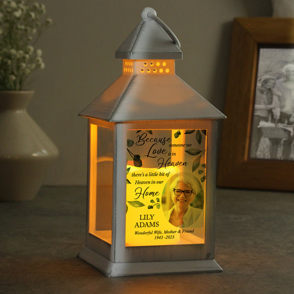 Buy Personalised Botanical Memorial Photo Upload White Lantern available now at www.giftsfinder.co.uk