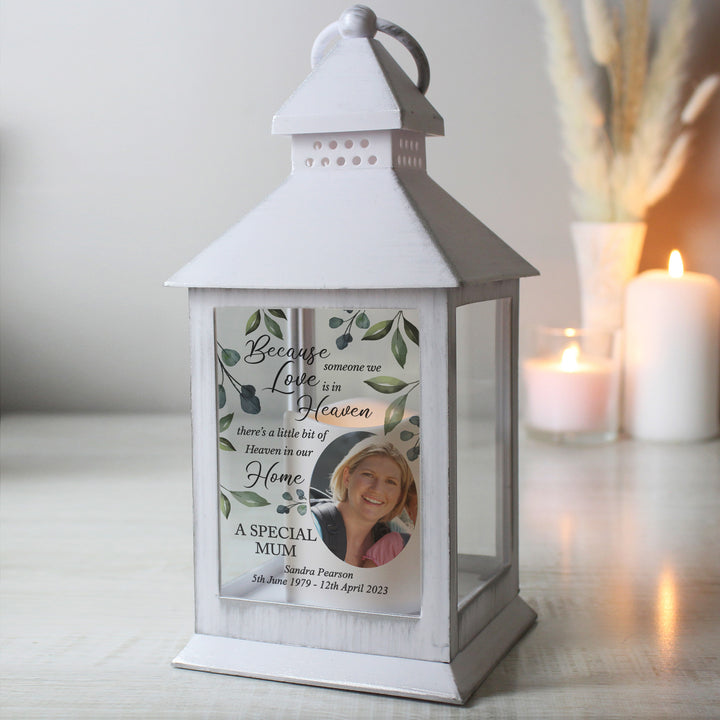 Buy Personalised Botanical Memorial Photo Upload White Lantern available now at www.giftsfinder.co.uk