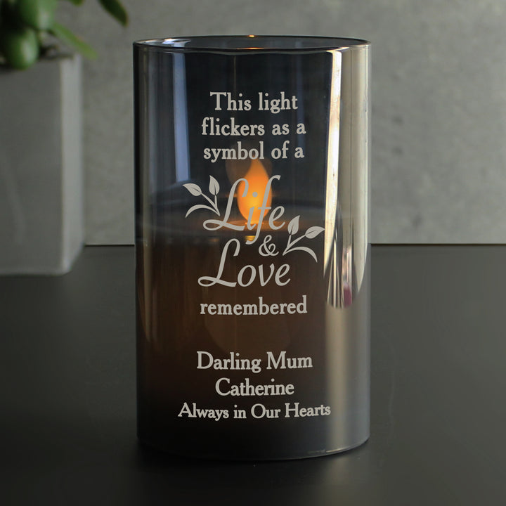 Personalised Life & Love Memorial Smoked LED Candle - part of the Gifts Finder Personalised Memorials collection