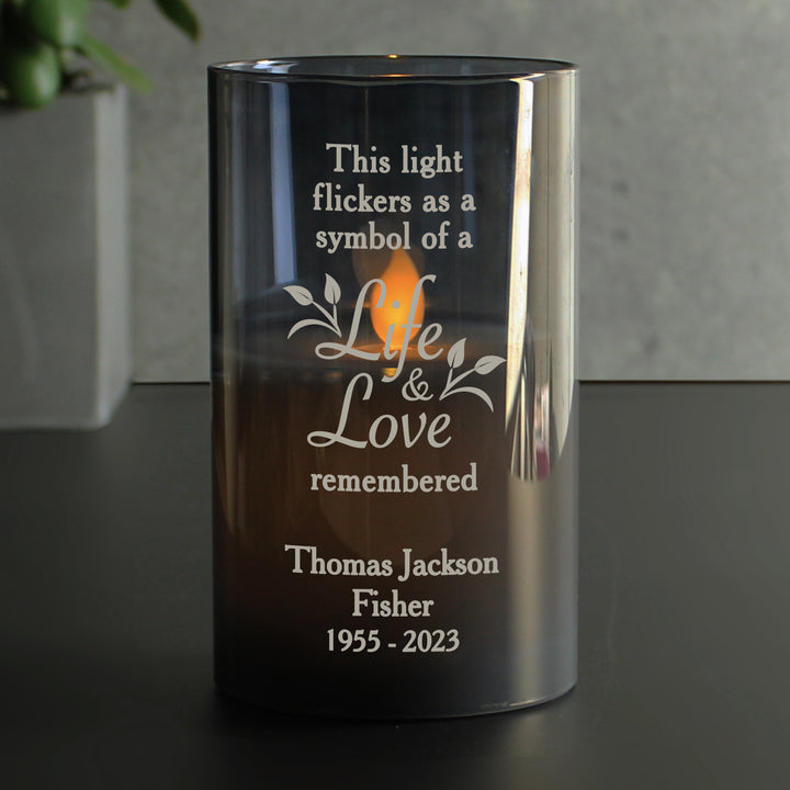 Personalised Life & Love Memorial Smoked LED Candle - part of the Gifts Finder Personalised Memorials collection