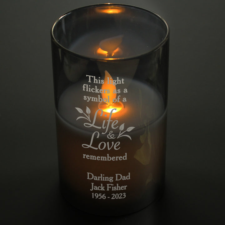 Personalised Life & Love Memorial Smoked LED Candle - part of the Gifts Finder Personalised Memorials collection