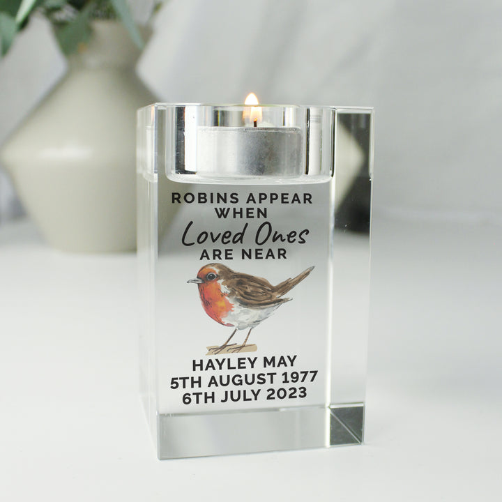 Personalised Robin Memorial Glass Tealight Holder in gift category Personalised Memorials